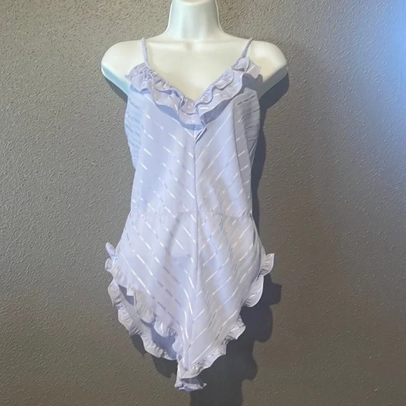 Vintage Barbizon Sheer Lavender Jacquard Stripe Ruffle Trim Teddy